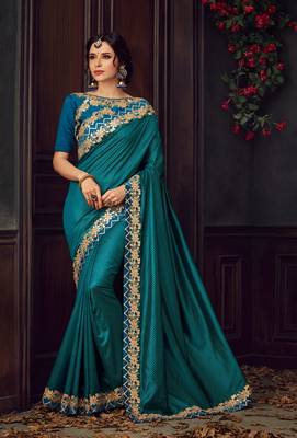 Teal Blue Poly Silk Heavy Embroidered Work Designer Saree 1