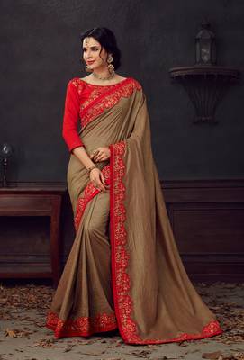 Brown Poly Silk Heavy Embroidered Work Designer Saree 1