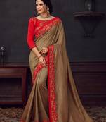 Brown Poly Silk Heavy Embroidered Work Designer Saree