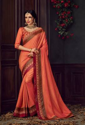 Orange Poly Silk Heavy Embroidered Work Designer Saree 1