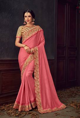 Pink Poly Silk Heavy Embroidered Work Designer Saree 1