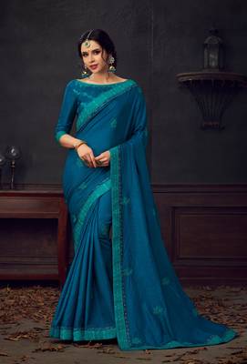 Blue Poly Silk Heavy Embroidered Work Designer Saree 1