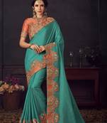 Turqouise Blue Poly Silk Heavy Embroidered Work Designer Saree