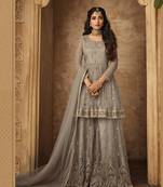 Grey multi resham work net salwar