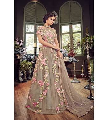 Beige resham embroidery net salwar 1