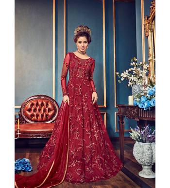 Red resham embroidery net salwar 1