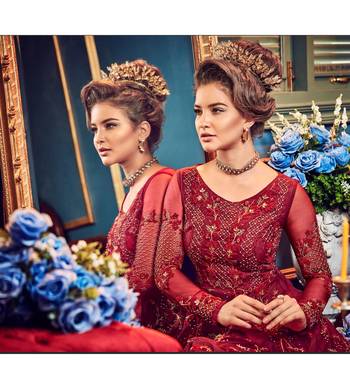 Red resham embroidery net salwar 2
