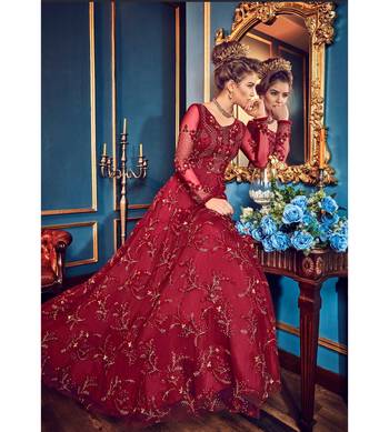 Red resham embroidery net salwar 3