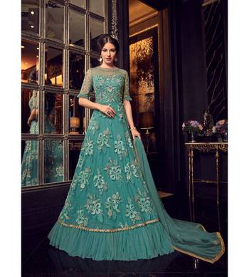 Green resham embroidery net salwar 1