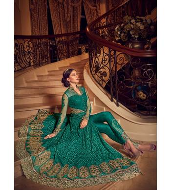 Green resham embroidery net salwar 3