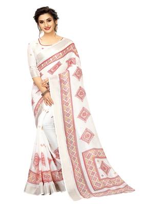 White printed linen saree with blouse 1