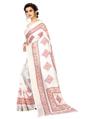 White printed linen saree with blouse 3