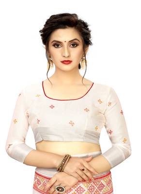 White printed linen saree with blouse 4