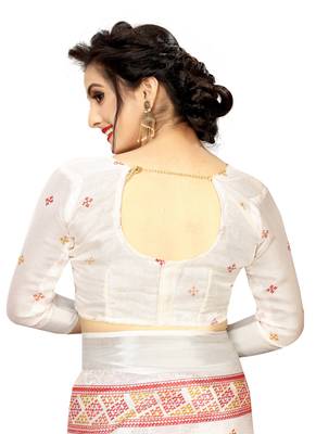 White printed linen saree with blouse 5