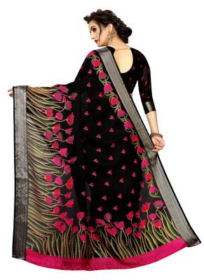 Black printed linen saree with blouse 2