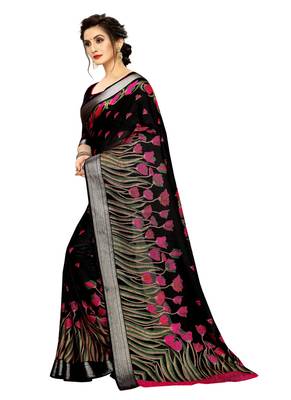 Black printed linen saree with blouse 3