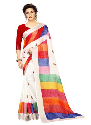 Multicolor printed linen saree with blouse 1