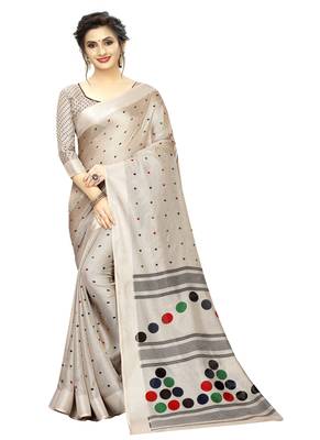 Grey printed linen saree with blouse 1
