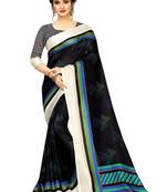 Navy blue printed linen saree with blouse