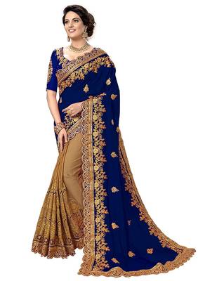 Blue embroidered silk blend saree with blouse 1