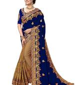 Blue embroidered silk blend saree with blouse