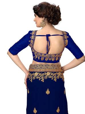 Blue embroidered silk blend saree with blouse 5
