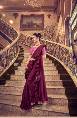 Maroon plain silk blend saree with blouse 1