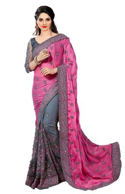 Beige embroidered silk blend saree with blouse 1