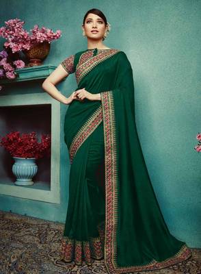 Beige embroidered silk blend saree with blouse 1