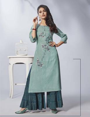 Light Turquoise Embroidered Viscose Ethnic Kurtis 1