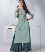 Light Turquoise Embroidered Viscose Ethnic Kurtis
