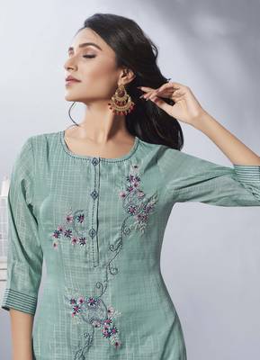 Light Turquoise Embroidered Viscose Ethnic Kurtis 2