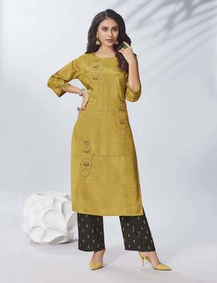 Mustard Embroidered Viscose Ethnic Kurtis 1