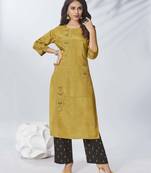 Mustard Embroidered Viscose Ethnic Kurtis