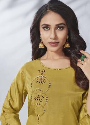 Mustard Embroidered Viscose Ethnic Kurtis 2