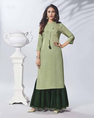 Light Olive Embroidered Viscose Ethnic Kurtis 1