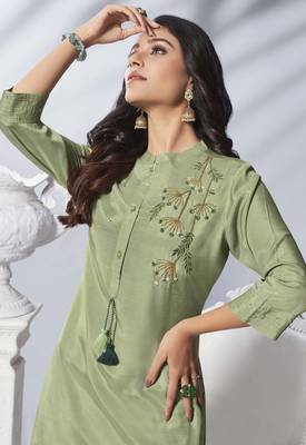 Light Olive Embroidered Viscose Ethnic Kurtis 2