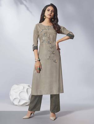 Grey Embroidered Viscose Ethnic Kurtis 1