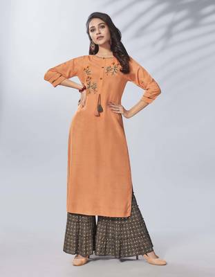 Peach Embroidered Viscose Ethnic Kurtis 1