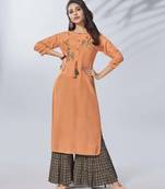 Peach Embroidered Viscose Ethnic Kurtis