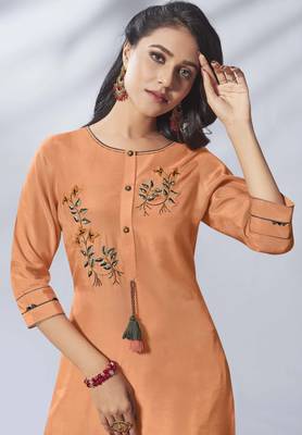 Peach Embroidered Viscose Ethnic Kurtis 2