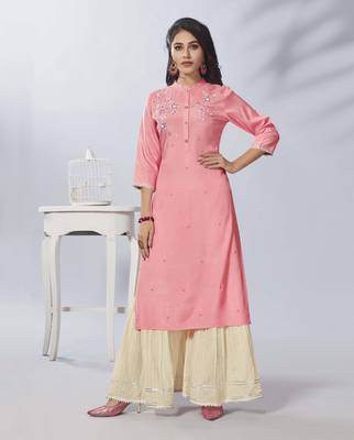 Baby Pink Embroidered Viscose Ethnic Kurtis 1
