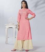 Baby Pink Embroidered Viscose Ethnic Kurtis