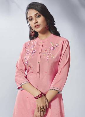Baby Pink Embroidered Viscose Ethnic Kurtis 2