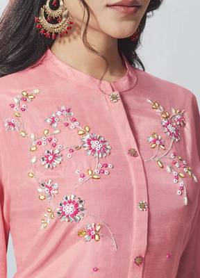 Baby Pink Embroidered Viscose Ethnic Kurtis 4