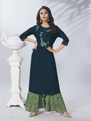 Navy Blue Embroidered Viscose Ethnic Kurtis 1