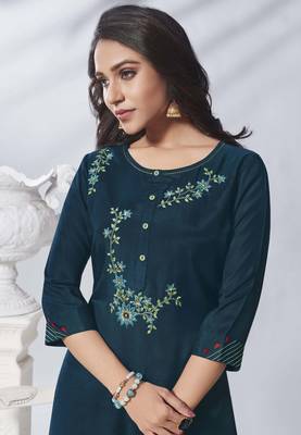 Navy Blue Embroidered Viscose Ethnic Kurtis 2