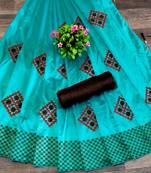 Womens Turquoise Embroidered Silk Blend Saree With Blouse