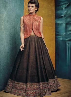 Brown embroidered silk semi stitched lehenga 1