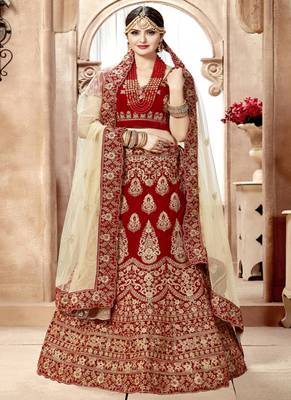 Red embroidered velvet semi stitched lehenga 1
